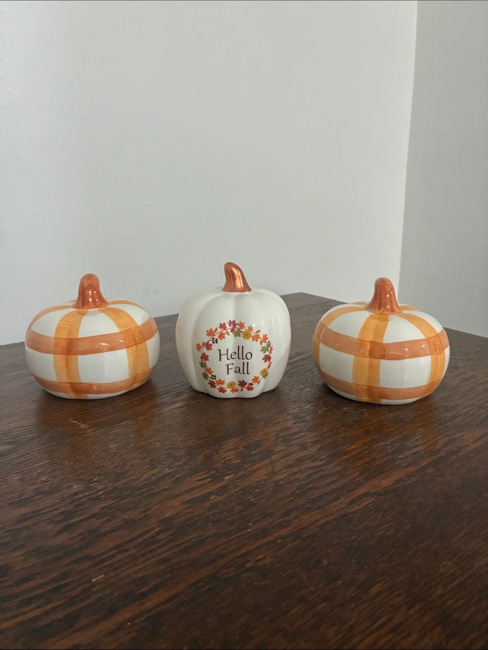 NWT- Hello Fall & Orange & White Striped Ceramic Pumpkins Trio